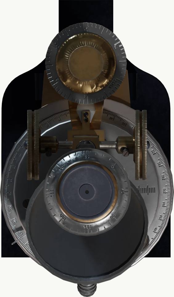 精密金属刻度测量仪器正面特写，金属仪器、刻度盘、黄铜、齿轮、黑色背景、正视图、古董科学仪器、航海测量