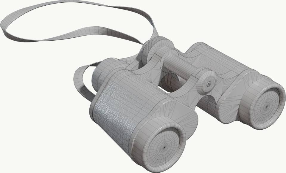 灰色3D线框双筒望远镜模型,双筒望远镜、3D线框、灰色网格、背带、纯色背景、光学器材、等轴视角、技术建模