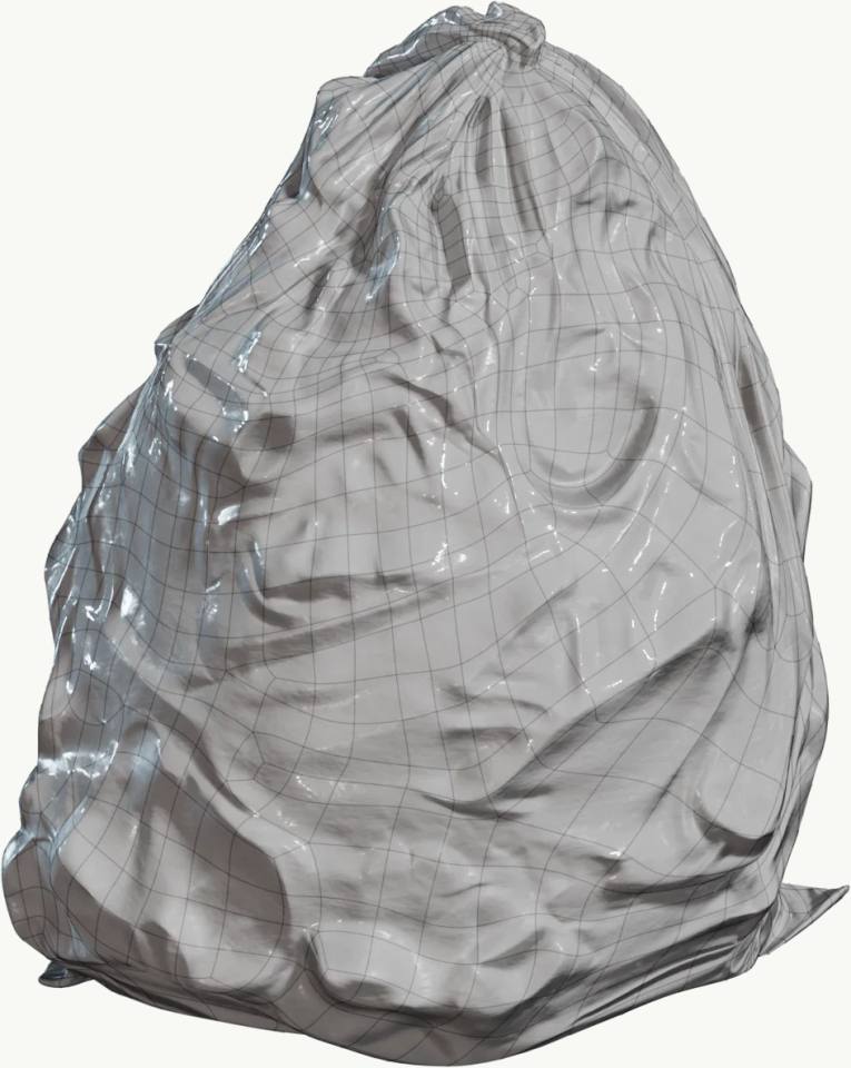 半透明塑料垃圾袋3D线框模型,3D模型、垃圾袋、线框网格、半透明塑料、灰色、褶皱、白背景