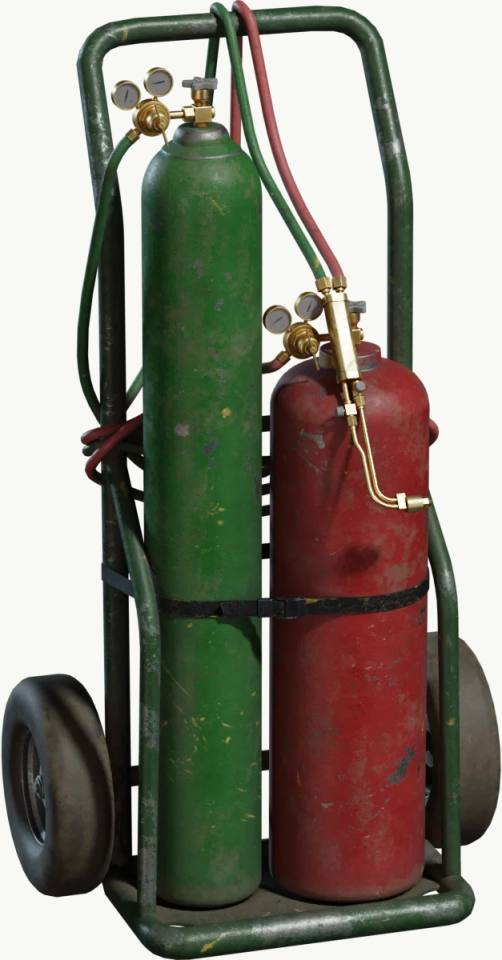 双气瓶手推车，压缩气瓶、手推车、减压阀、压力表、软管、工业设备、白底棚拍、金属材质