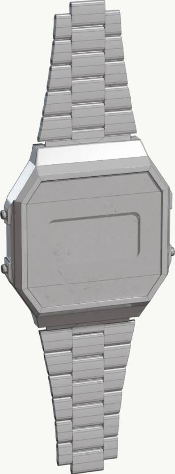 银色金属表带方形手表3D灰模,银色手表、金属链式表带、八角形表壳、方形表盘、3D灰模、低多边形渲染、产品特写、纯白背景、无人物