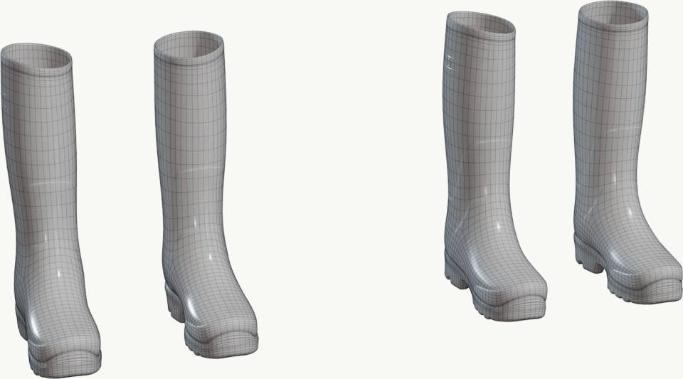 灰色高筒靴3D线框模型展示，高筒靴、三维线框、灰色调、白底、产品展示、多视角、鞋类、网格拓扑