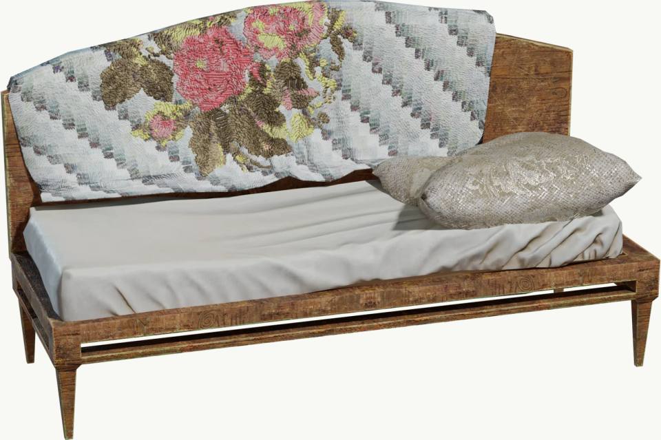木质日间榻与花卉编织毯，木家具、沙发床、编织毯、花卉图案、靠垫、静物、纯白背景