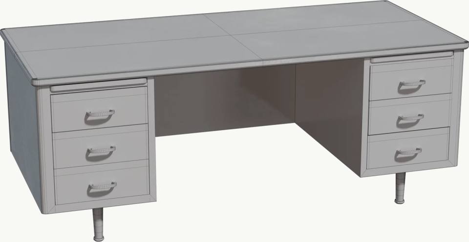 灰色双柜办公桌3D模型,3D模型、办公桌、双柜、抽屉、灰色、无人物、纯色背景、家具、产品展示