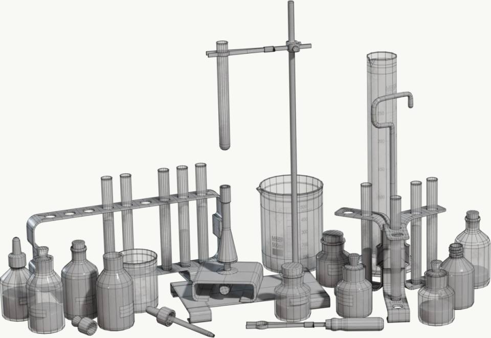 实验室玻璃器皿3D线框模型，实验室玻璃器皿、3D线框、工程渲染、试管架、试剂瓶、量筒、铁架台、白色背景、单色
