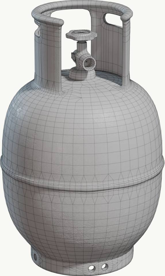 灰色液化气钢瓶3D线框模型，液化气钢瓶、煤气罐、3D线框模型、工业设计、灰色、阀门、提手、单体展示