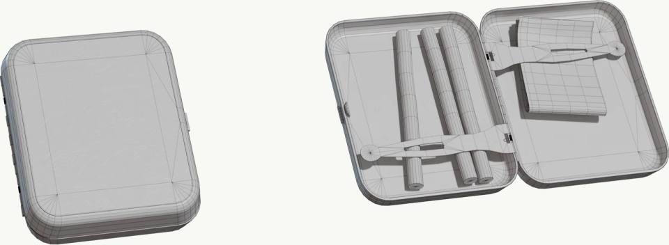 3D线框风格工具箱模型,3D模型、线框图、工具箱、收纳盒、绑带、圆柱形工具、正交视图、灰色素模