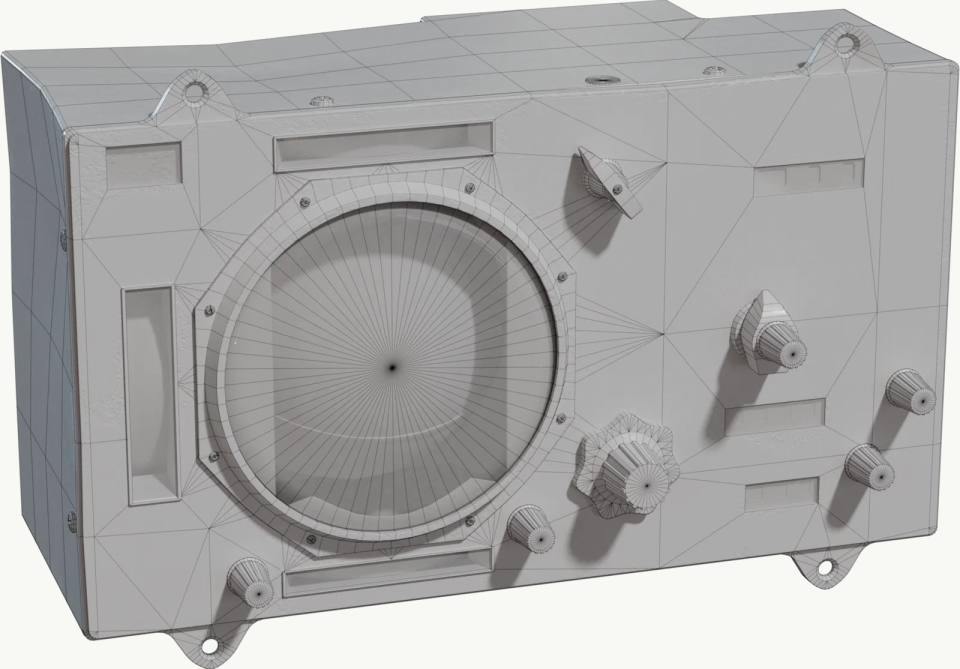 灰色3D线框电子设备模型，3D线框、电子设备、旋钮、扬声器网罩、灰色、技术模型、安装耳片