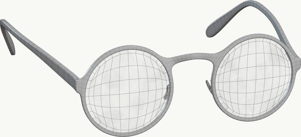 圆框眼镜3D线框模型，眼镜、圆框眼镜、3D线框模型、拓扑网格、灰色、无人物、白色背景、产品渲染