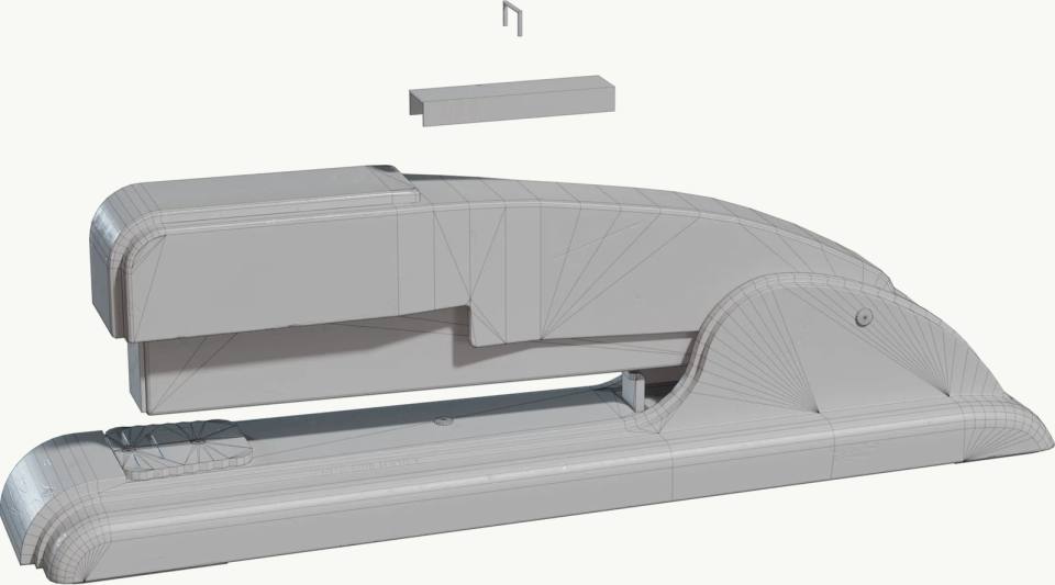 灰色订书机3D线框灰模,3D模型、订书机、线框拓扑、灰模、工业设计、办公用品、白底、单视角、产品渲染