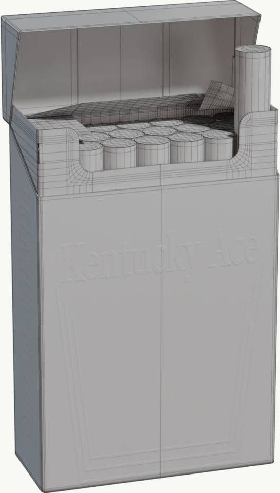 灰白3D线框开启式香烟盒模型,3D线框、香烟盒、翻盖开启、灰度渲染、圆柱香烟、压印文字、产品模型、单色背景