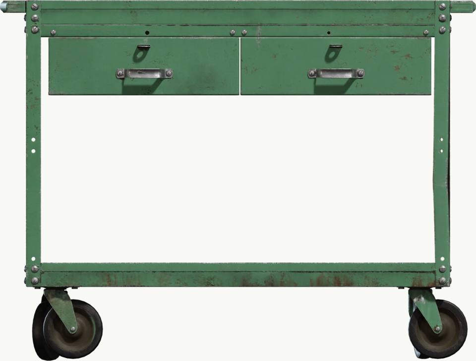 绿色金属双抽屉工具推车，绿色、金属、工具推车、双抽屉、脚轮、铆钉、锈迹磨损、白底、正面视角、工业风