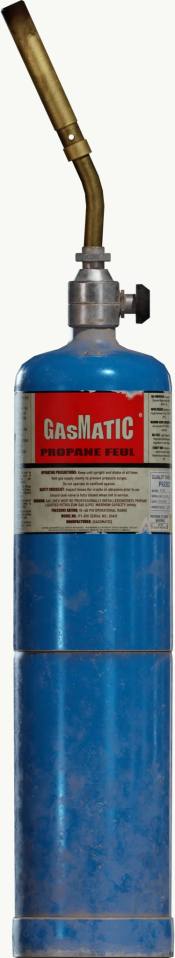 蓝色GasMatic丙烷燃料罐与黄铜喷火嘴，蓝色钢瓶、丙烷燃料罐、黄铜喷火嘴、金属阀门、红色标签、白底棚拍、产品静物、超长竖构图