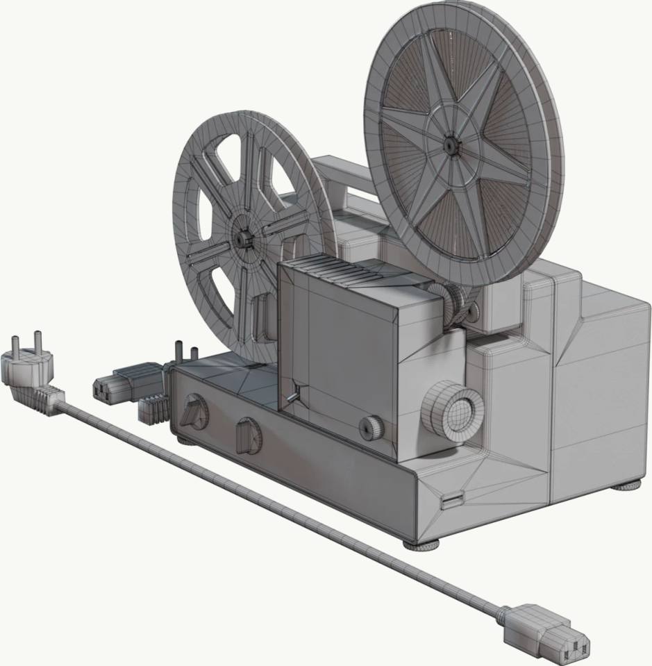 灰色3D线框电影放映机模型,3D线框、电影放映机、胶片盘、电源线、插头、电子设备、产品模型、纯白背景、等距视角、灰色线稿