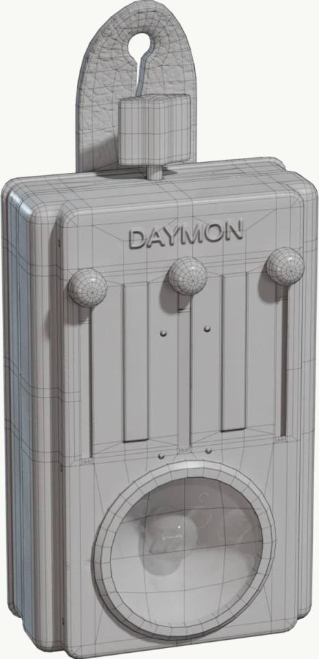 DAYMON便携式电子装置线框灰模,3D线框模型、灰模、产品展示、DAYMON文字、顶部挂环、球形旋钮、圆形透明窗、单视角、白底、电子装置