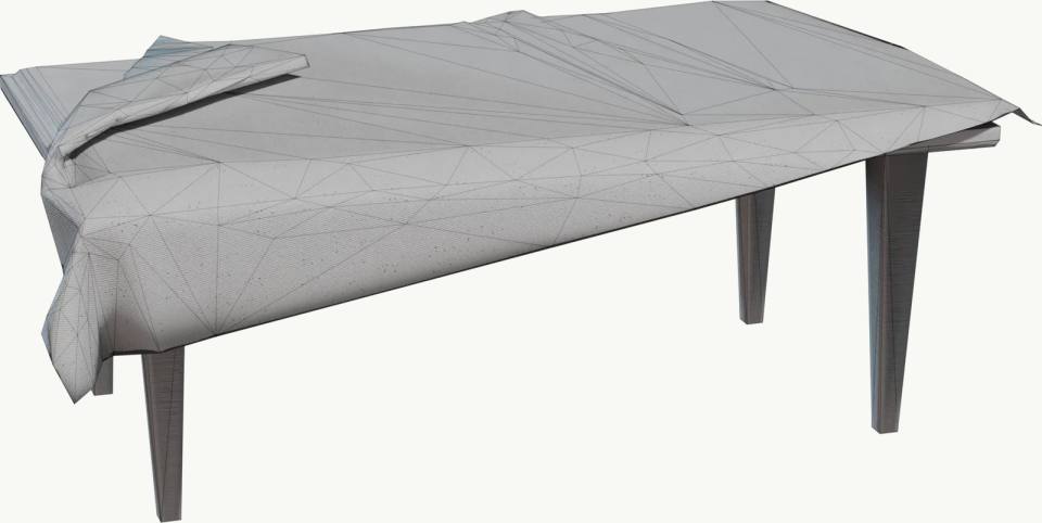 低多边形桌布餐桌3D线框模型，3D模型、低多边形、三角网格、线框渲染、桌子、桌布、家具、灰阶、白底展示