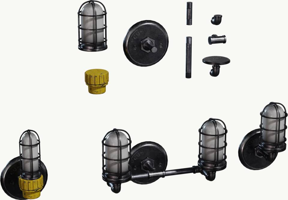 工业风金属灯具零件与组装展示，工业风、灯具、金属配件、白底产品图、3D渲染、零件展示、黑色、黄色
