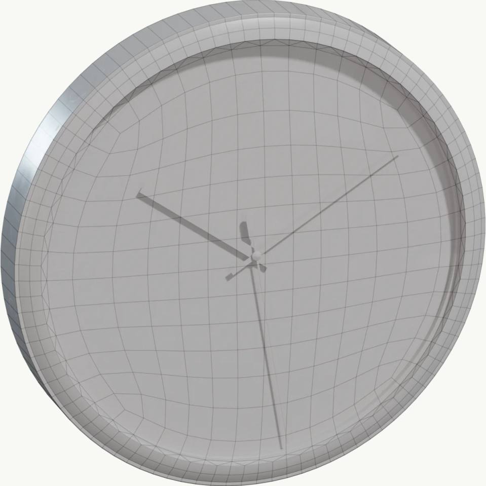 灰色3D时钟模型，时钟、3D模型、线框网格、圆形表盘、指针、无刻度、纯白背景、正面视角、素模渲染