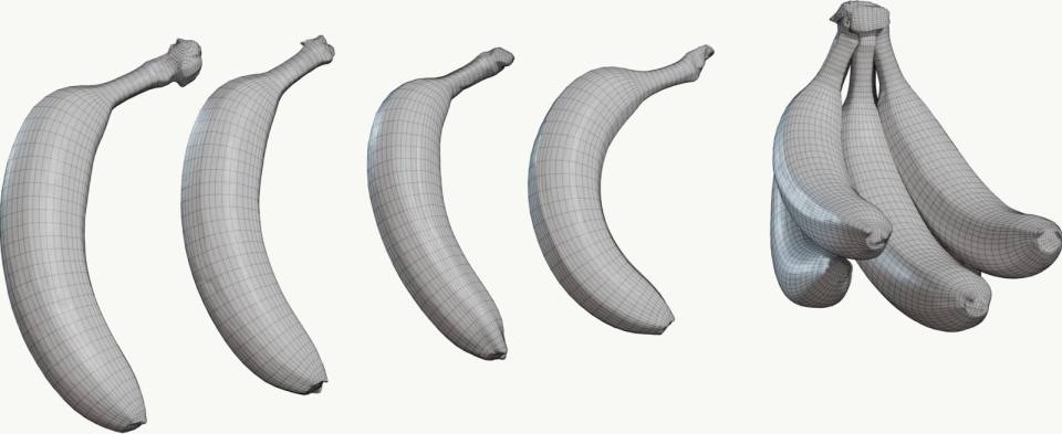 灰色3D香蕉网格模型陈列，3D模型、灰色网格、香蕉、水果、白底、横排陈列、无贴图、资产预览、宽幅构图