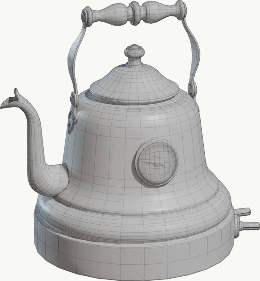 灰色电热水壶3D线框模型，电热水壶、3D线框、CAD模型、产品设计、家电、灰色网格、单物体、纯白背景