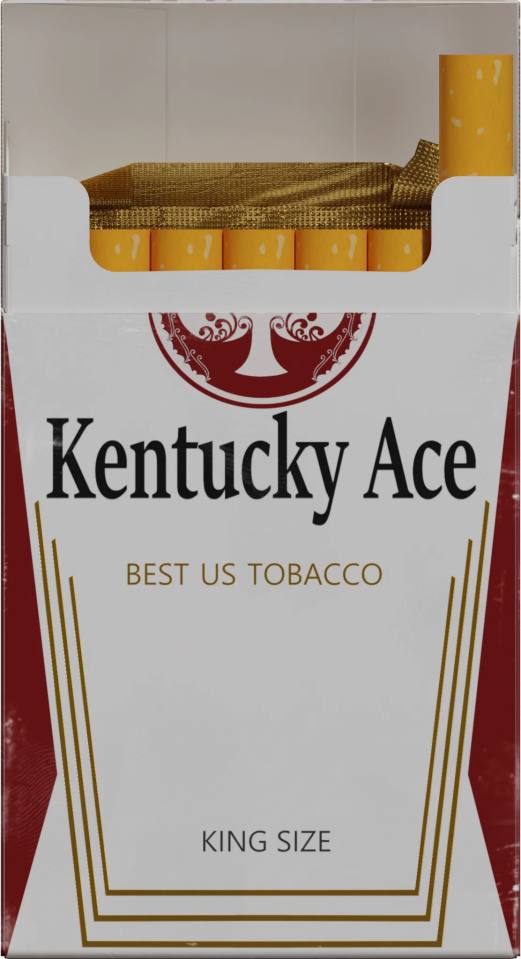 Kentucky Ace 香烟包装正面特写，香烟包装、白色烟盒、金色锡纸、黄色滤嘴、红色徽标、英文字体、产品特写、静物摄影、竖向构图