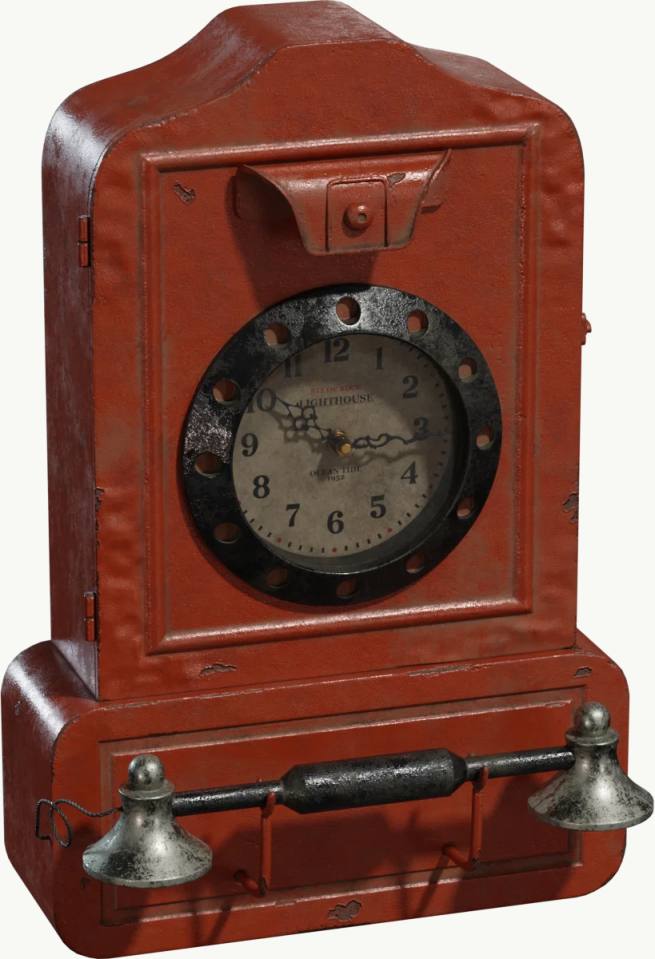 红色古董机械钟与双铃警报装置，古董钟、红色金属外壳、机械钟、双铃铛、表盘、白色背景、静物摄影、复古器物