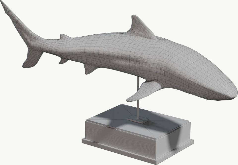 灰色鲨鱼3D线框模型展示,鲨鱼、3D模型、线框网格、灰色、展示底座、白底、单物体、数字资产