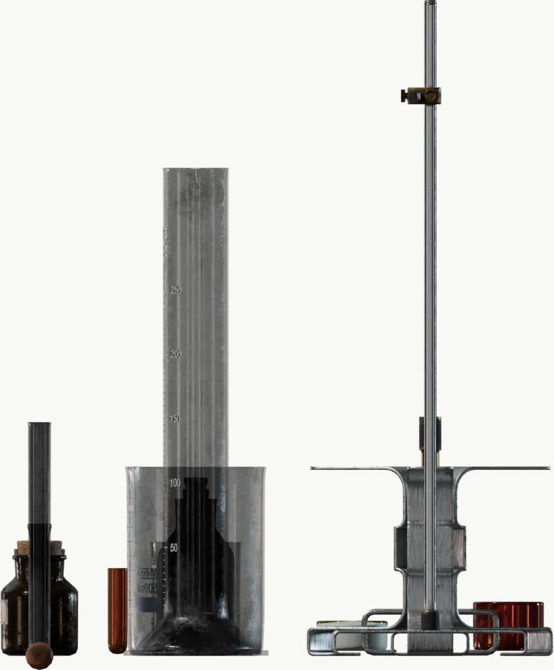 实验室玻璃器皿与金属支架静物组合，实验室器材、玻璃量筒、试剂瓶、金属支架、静物摄影、纯白背景、写实风格、科研道具、刻度玻璃、软木塞