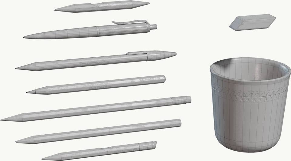 灰色3D笔具与杯子模型展示,三维模型、灰模、线框、白色背景、笔、杯子、产品设计、静物