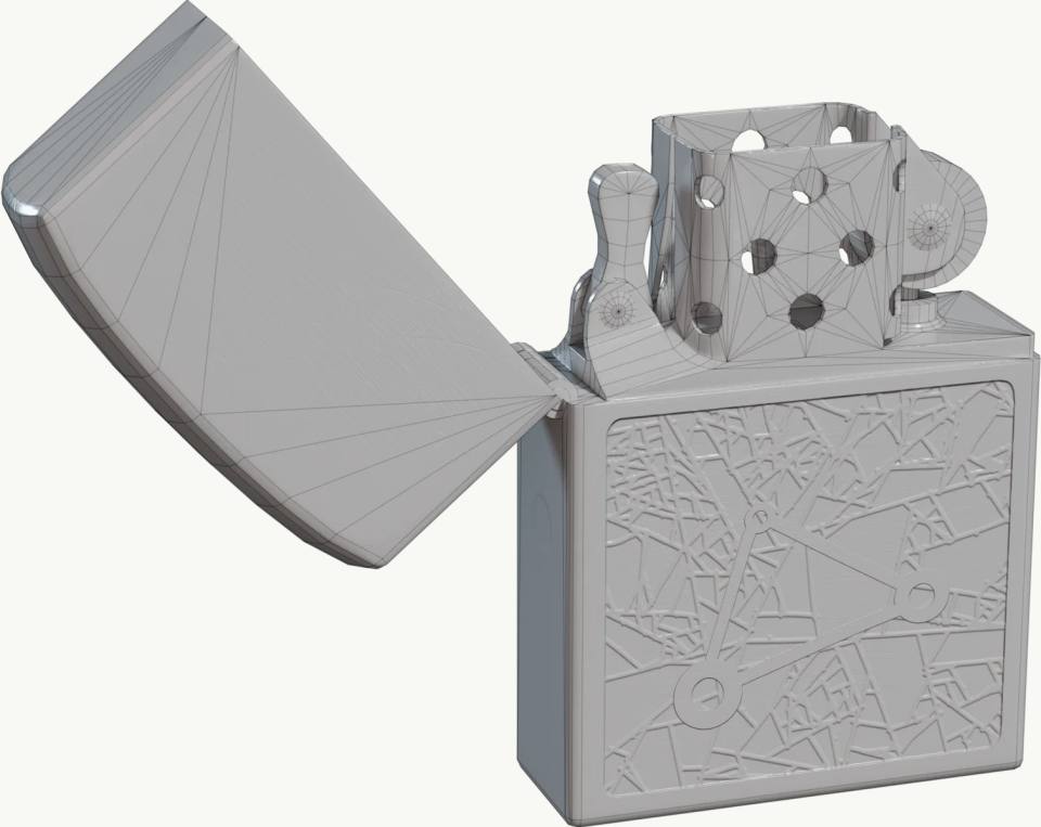 打开的打火机3D线框素模，打火机、翻盖打火机、打开状态、3D线框、素模、单色灰、工业设计、防风罩、打火轮、无背景