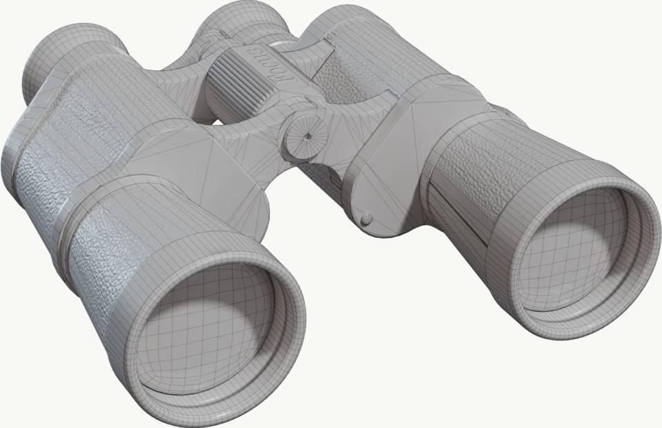 灰色双筒望远镜3D线框模型,双筒望远镜、3D模型、线框网格、灰色、白色背景、光学仪器、防滑纹理、调焦轮
