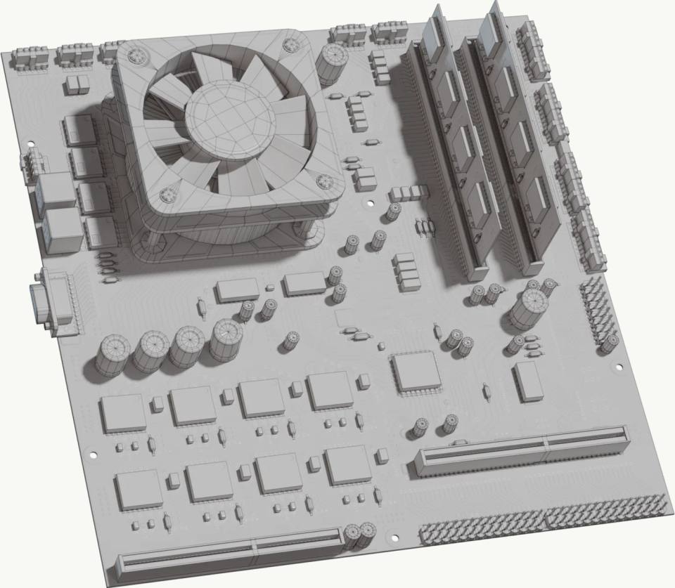 电脑主板3D白模产品渲染,电脑主板、3D白模、电脑硬件、CPU散热风扇、内存插槽、电子元件、单色渲染、工业设计