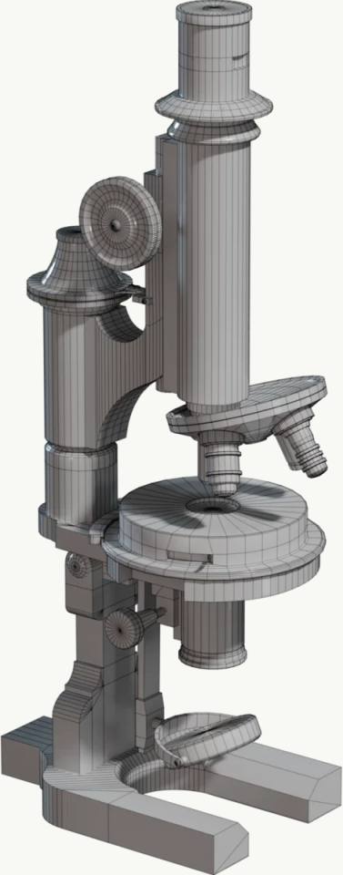 复古光学显微镜灰模3D模型,复古显微镜、3D模型、线框网格、灰模、科学仪器、正交视图、纯白背景、工业设计