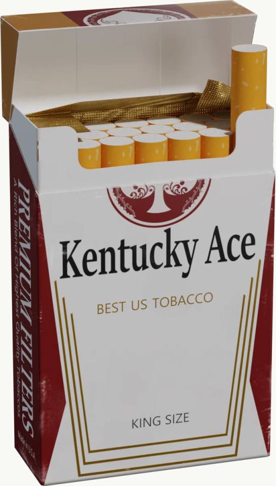 打开的Kentucky Ace香烟盒,香烟盒、烟草制品、Kentucky Ace、开盒状态、酒红白金色、金色箔纸、黄色滤嘴、产品静物、印刷文字、棚拍光影