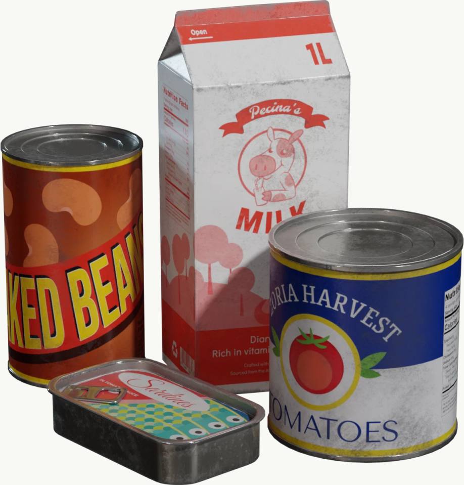 四件食品包装产品静物图，食品包装、罐头、牛奶纸盒、沙丁鱼罐头、番茄罐头、烘焙豆罐头、静物摄影、纯白背景、商业产品图、3D渲染