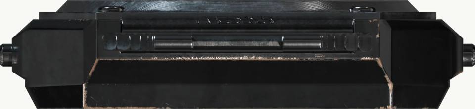 黑色矩形构件正面产品特写,产品特写、黑色外壳、纯白背景、矩形构件、斜切边、金属杆、磨损痕迹、工业设计