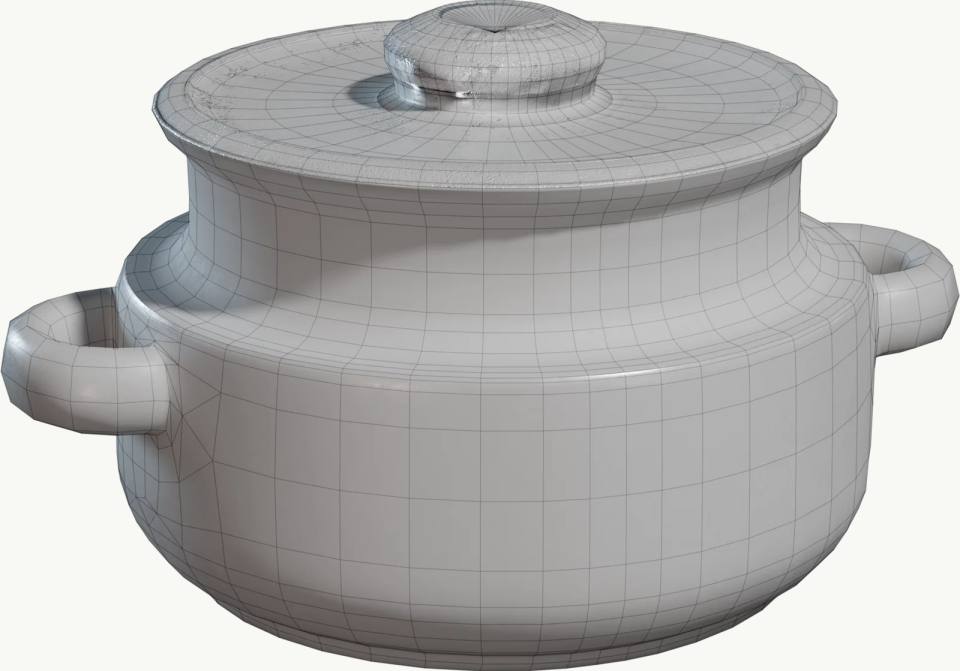 灰色线框双耳带盖汤锅3D模型,3D模型、线框渲染、汤锅、锅盖、双耳把手、灰色、纯白背景、静物、网格拓扑、单体展示