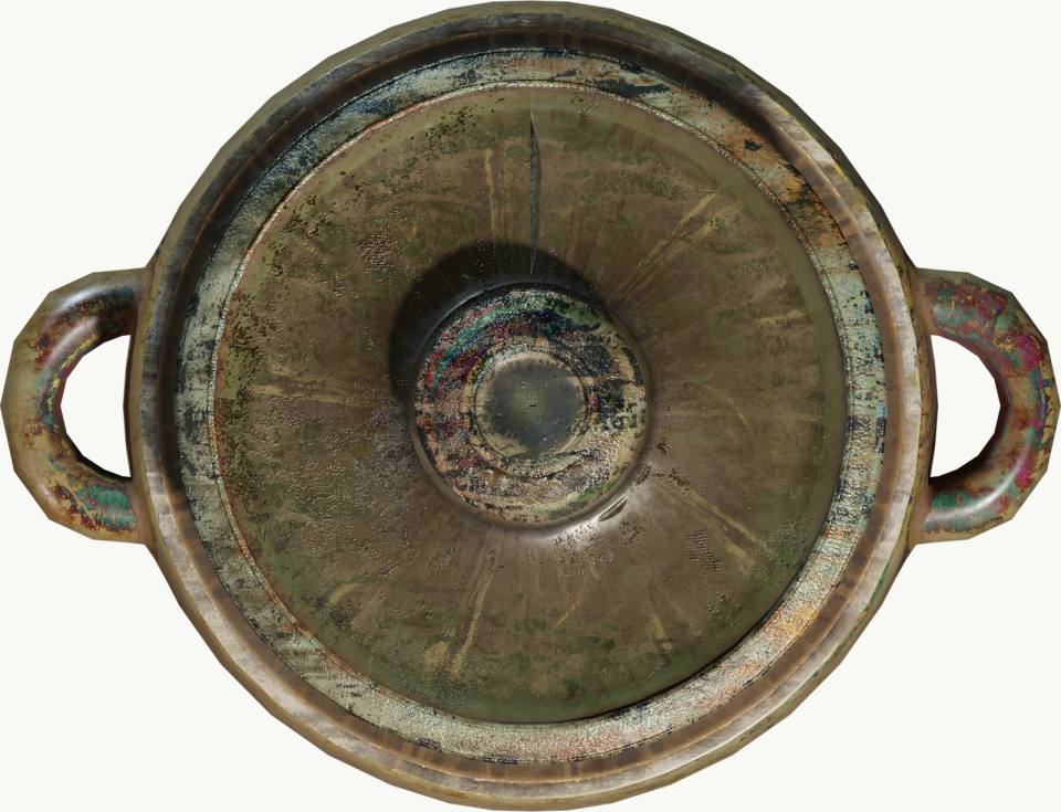 青铜双耳圆形器盖俯视，青铜器、器盖、双耳、铜绿锈、包浆、划痕、俯视、白底静物、考古文物