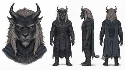 暗黑幻想带角兽人战士角色设定三视图 · 兽人战士、角色设定三视图、暗黑奇幻风格、带角类人猛兽、魔幻人设