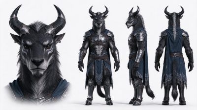 奇幻牛头人战士角色设定图 · 奇幻角色、牛头人、角色设定、盔甲设计、兽人类