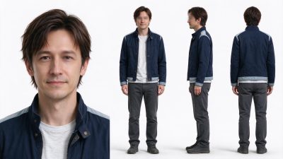 男性角色多视角造型展示 · 3D渲染、男性角色、多视图设定、写实风格、休闲穿搭