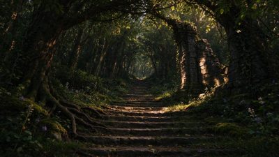 林间石阶古遗址步道 · 森林、古遗址、石阶步道、自然景观、林间光影