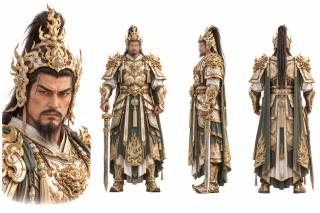 鎏金甲胄古风武将角色三视图设定板 · 三视图、角色设定板、古风武将、鎏金铠甲、写实厚涂