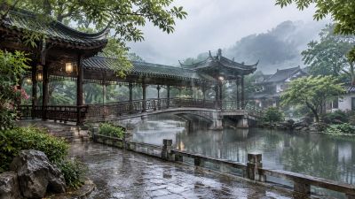 雨后中式园林廊桥水景