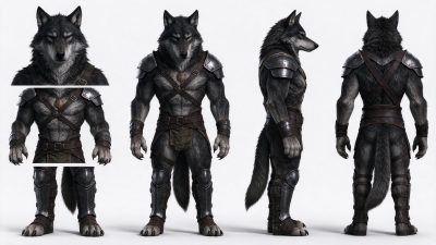 拟人化狼族战士角色四视图 · 拟人化狼族、写实3D渲染、角色设定、盔甲战士、奇幻生物
