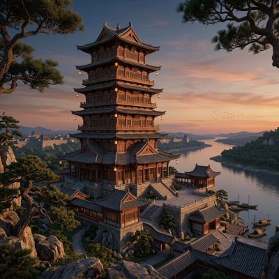 夕阳江畔多层木塔古建群