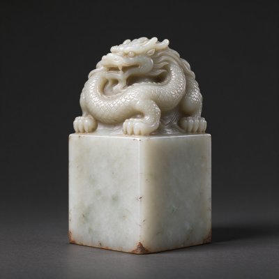 青白玉龙钮古印章 · 古玉器、青白玉、龙钮印章、传统玉雕、文物摆件