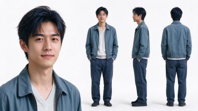 东方男性休闲装角色设定图 · 东方男性、休闲穿搭、角色设定、棚拍人像、多角度展示