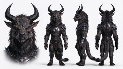 暗黑奇幻风格牛角兽人战士角色设定图 · 奇幻生物、兽人战士、角色设定图、暗黑奇幻风格、金属装甲