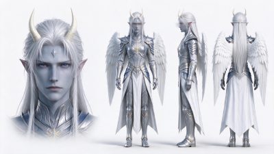 精灵幻想男性角色三视图设定图 · 精灵、男性角色、铠甲、奇幻风格、三视图